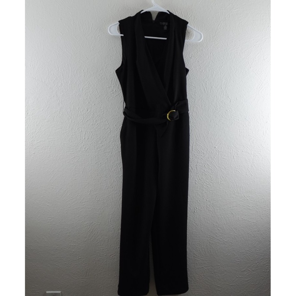 Spense Woman Romper Size 4p Black Wide Leg Jumpsuit Stretch Drawstring Waist